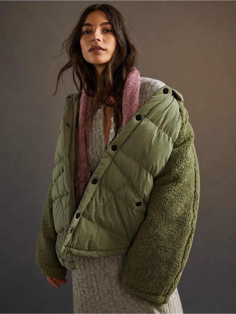 Anthropologie Pilcro | Olive Green Swing Sherpa Puffer Jacket ~ Small